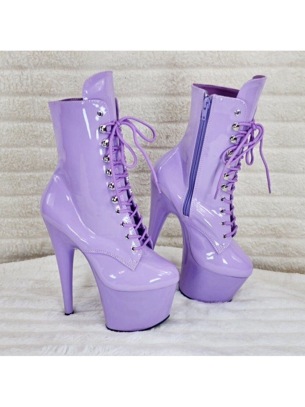 Lavender Lilac Purple Patent Platform 7" Heel Lace Up Ankle Boots